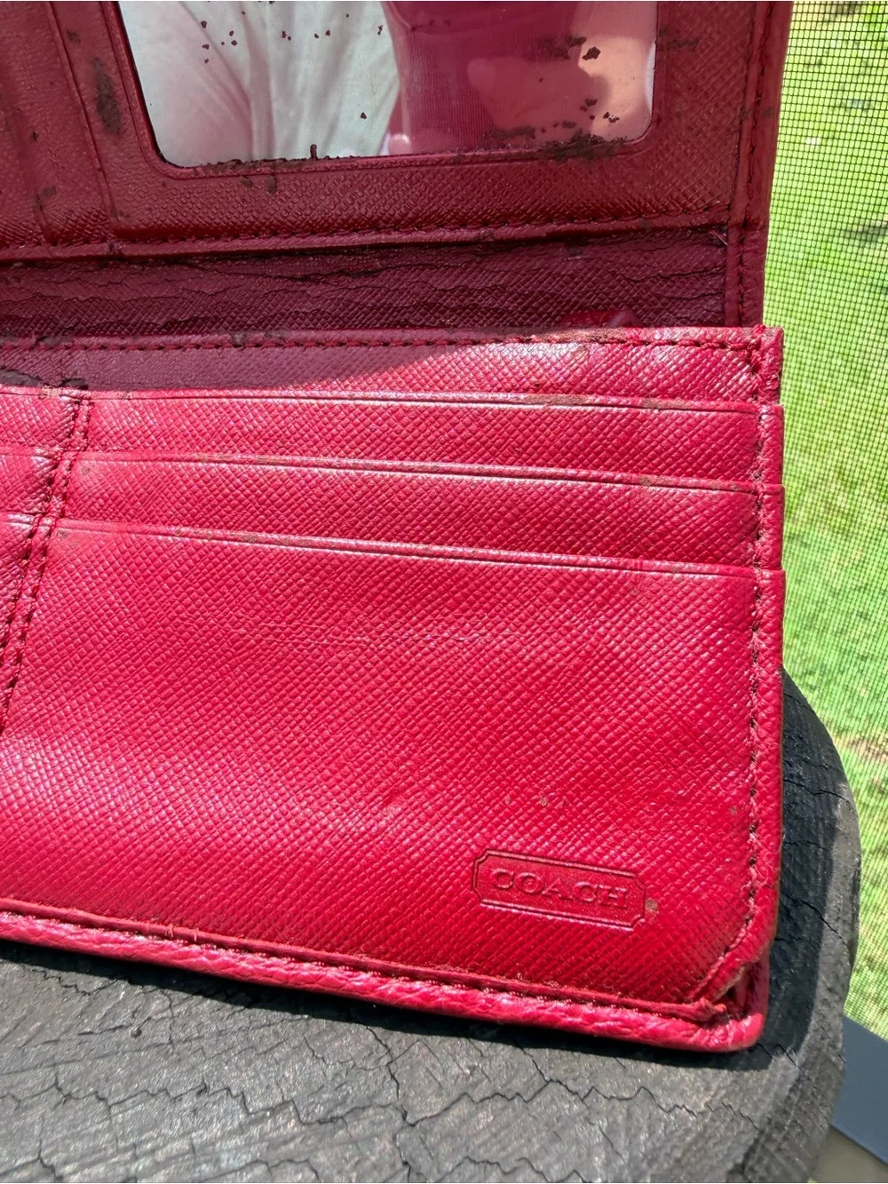 Coach Signature C Turnlock Wallet Khaki Red Leather Y2K Jacquard